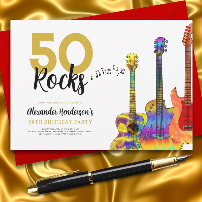 50 Sten Coola Guitar 50:e Födelsedagsfesten Inbjudningar (Rock and roll 50th birthday party invitation cool colorful guitar 50 rocks black and gold)