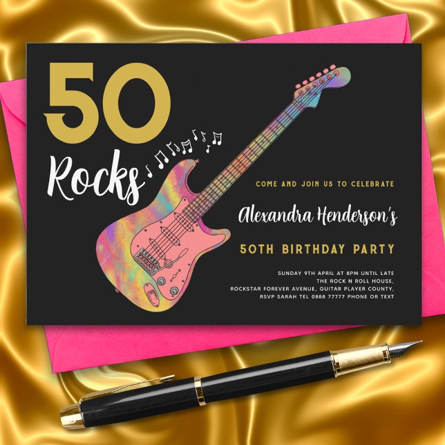 50 Sten Coola Rosa Guitar 50:e Födelsedagsfesten Inbjudningar (50 Rocks cool pink guitar black and gold rock and roll 50th birthday party invitation)