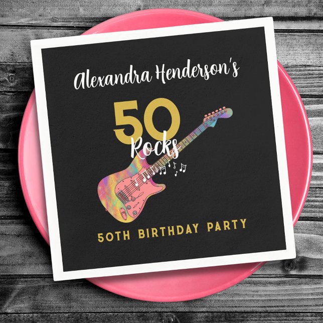 50 Sten Coola Rosa Guitar 50:e Födelsedagsfesten Pappersservett (50 Rocks cool pink guitar black and gold custom 50th birthday party napkin)