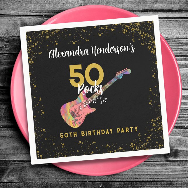 50 Sten Födelsedagsfest Rosa Black Guld Pappersservett (50 rocks pink black and gold glitter 50th birthday party personalized napkins)