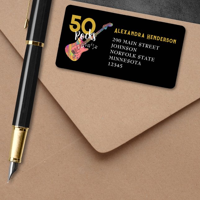 50 Sten Rosa Black Guld 50:e Födelsedagsfesten Adressetikett (50 Rocks cool Pink Black and Gold 50th birthday party return address label )