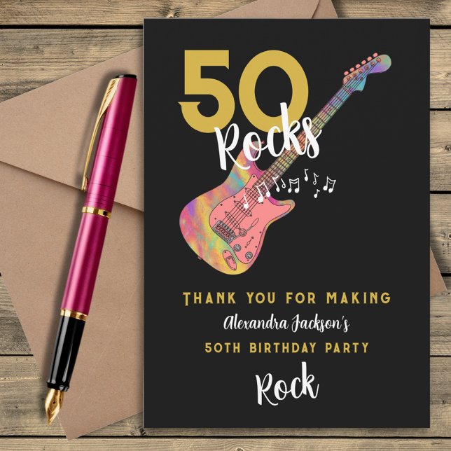 50 Sten Rosa Black Guld 50:e Födelsedagsfesten Tack Kort (50 Rocks cool pink guitar black and gold 50th birthday party thank you card)