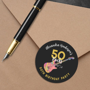 50 Sten Rosa Guitar 50:e Födelsedagsfesten Guld Runt Klistermärke