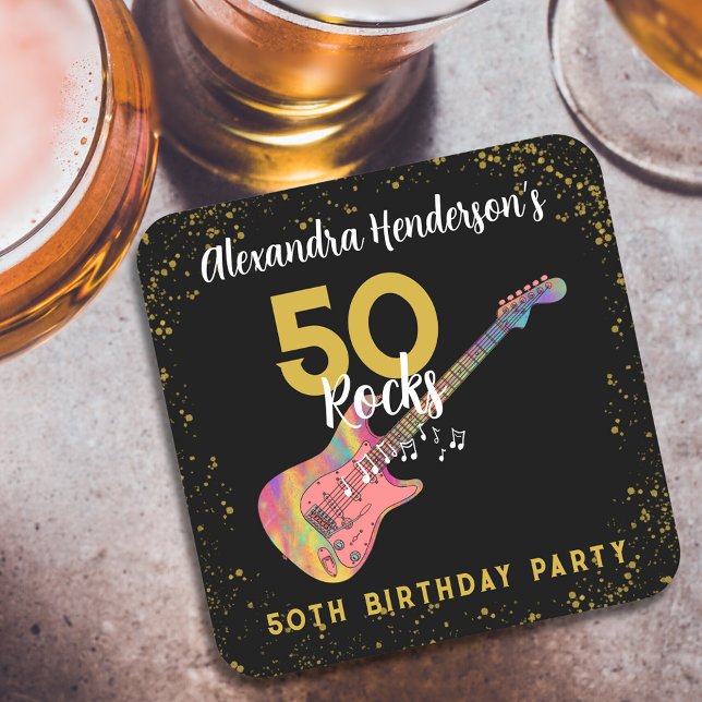 50 Stenar Rosa Svart Guld 50-års Födelsedagsfest Underlägg Papper Kvadrat (50 Rocks cool pink black and gold rock and roll 50th birthday party custom paper coaster)