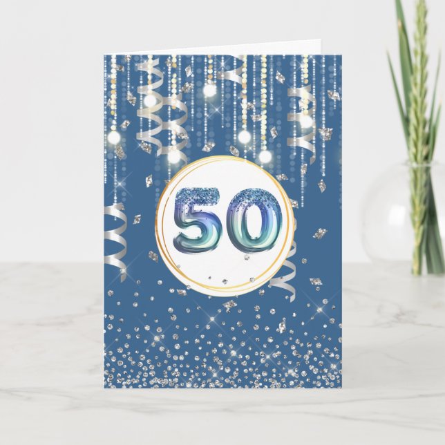 50-strängars ljus blå glitter manar födelsedag kort (Framsida)