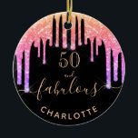 50 Svartvit regnbåge glitter gnistra Julgransprydnad Keramik<br><div class="desc">Trendig och glamorös för 50-årsdagen. En klassisk svart bakgrund som dekoreras med regnbåge färgad faux glitter, färgdroppstift i lila, rosa och ro guld. Med texten: 50 och fantastisk. Anpassa och lägg till namn och ålder. Golden färgad text. Ord Fabulous är skriven med ett modernt handskript i stil med dekorationer. Perfekt...</div>