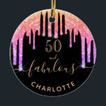 50 Svartvit regnbåge glitter gnistra Julgransprydnad Keramik<br><div class="desc">Trendig och glamorös för 50-årsdagen. En klassisk svart bakgrund som dekoreras med regnbåge färgad faux glitter, färgdroppstift i lila, rosa och ro guld. Med texten: 50 och fantastisk. Anpassa och lägg till namn och ålder. Golden färgad text. Ord Fabulous är skriven med ett modernt handskript i stil med dekorationer. Perfekt...</div>