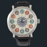 50-talets Retro Atomic Starburst Midsekels moderna Armbandsur<br><div class="desc">Den här roligten är inspirerad av 1950-talets atomklockor. Beige-talen finns i cirklar med olika vintagar av orange, brunt och tårblått. De spindlar ut från ett runt centrum i ett grått-nyans som räknas sekunderna/minuterna. Det är en enkel, djärv och modern medelårhundradets design med en manlig känsla. Allt vilar på en antikisk...</div>