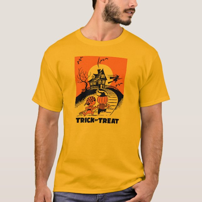 50-talHalloween bus eller godis spökat hus Tee Shirt (Framsida)
