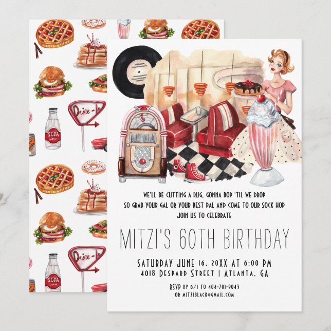 50-tals Diner Sock Hop Födelsedagsfest Inbjudningar (Fram/baksida)