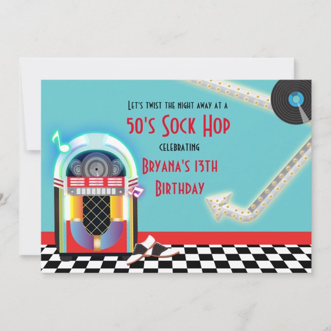 50-tals Jukebox Dansfest Sock Hop Röd Inbjudan (Framsida)