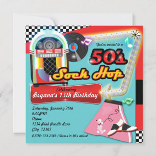 50-tals SOCK HOP Födelsedagsfest Retro Röd Inbjuda Inbjudningar