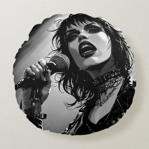 50-tals svart-vit grafisk seriefigur i goth-punk-s rund kudde