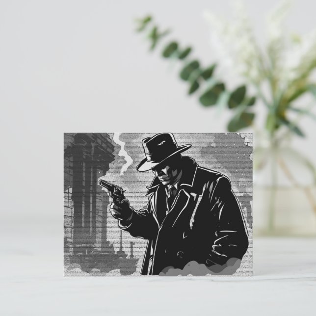 50-tals svart-vit grafisk seriestil, rå urban deck vykort (Stående Fram)