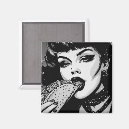 50-tals svart-vit grafisk stil goth-flicka som äte magnet