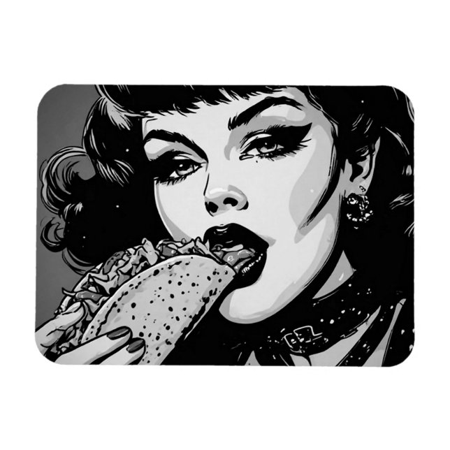 50-tals svart-vit grafisk stil goth-flicka som äte magnet (Horisontell)