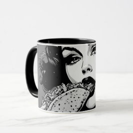 50-tals svart-vit grafisk stil Goth-flicka som äte Mugg