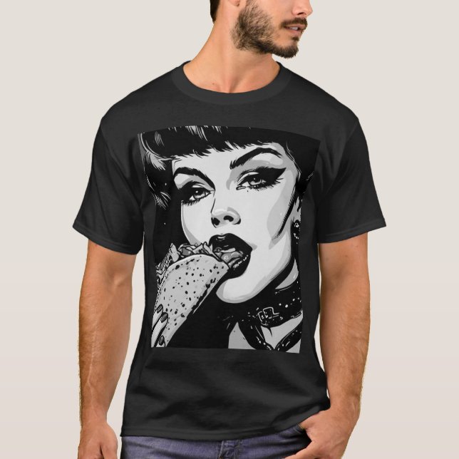 50-tals svart-vit grafisk stil goth-flicka som äte t shirt (Framsida)
