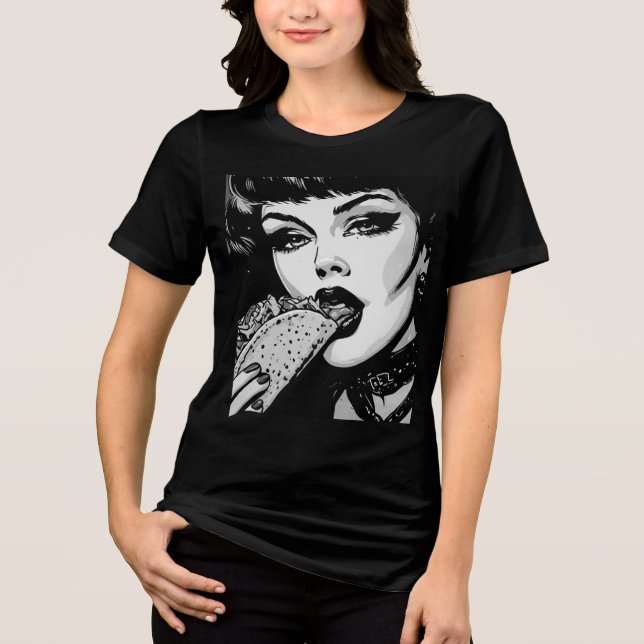 50-tals svart-vit grafisk stil Goth-flicka som äte T Shirt (Framsida)
