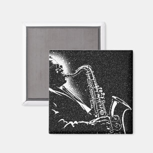 50-tals svart-vit grafisk stil saxofonspelare magnet