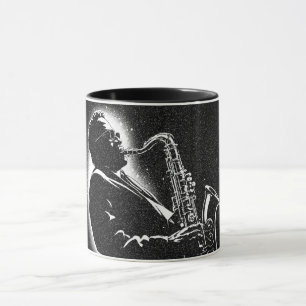 50-tals svart-vit grafisk stil saxofonspelare mugg