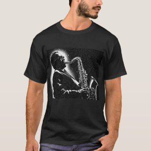 50-tals svart-vit grafisk stil saxofonspelare t shirt