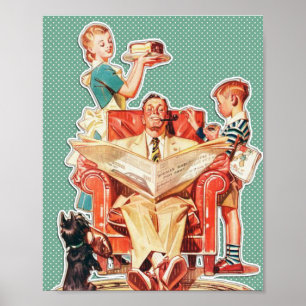 50-talsfamiljen med Hund Retro Wall Art Poster