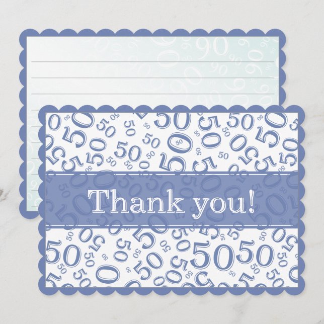 50 "Thank you!" Blue/White Random Number Pattern Tack Kort (Fram/baksida)