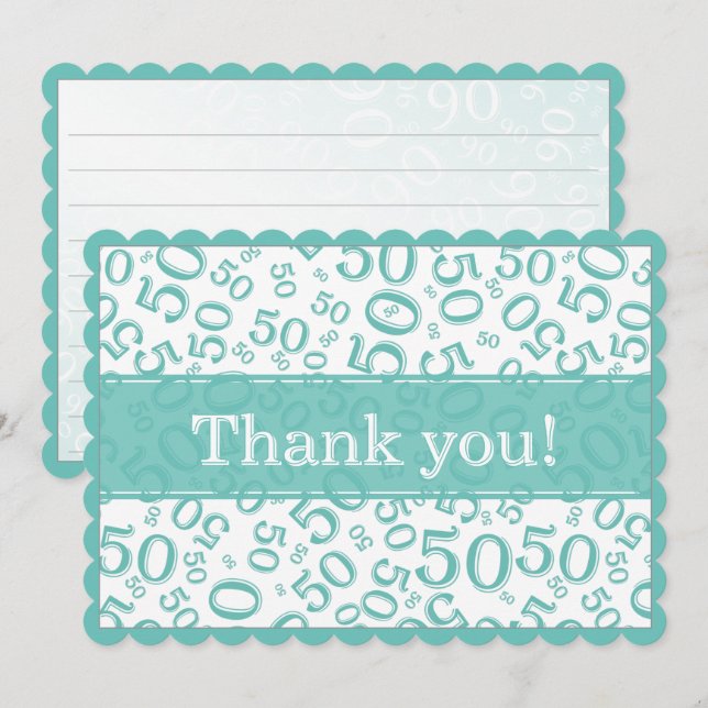 50 "Thank you!" Teal/White Random Number Pattern Tack Kort (Fram/baksida)