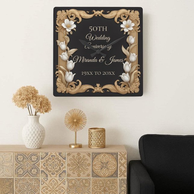 50 Wedding Anniversary Baroque Elegant Tulip Frame Fyrkantig Klocka (50 Wedding Anniversary Baroque Elegant Tulip Frame Square Wall Clock)
