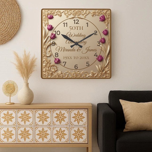 50 Wedding Anniversary Opulent Baroque Tulip Frame Fyrkantig Klocka (50 Wedding Anniversary Opulent Baroque Tulip Frame Square Wall Clock)