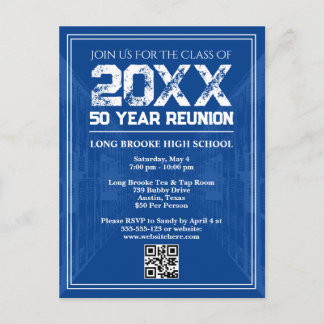 50 Year High School Reunion Retro Blue Varsity QR Vykort