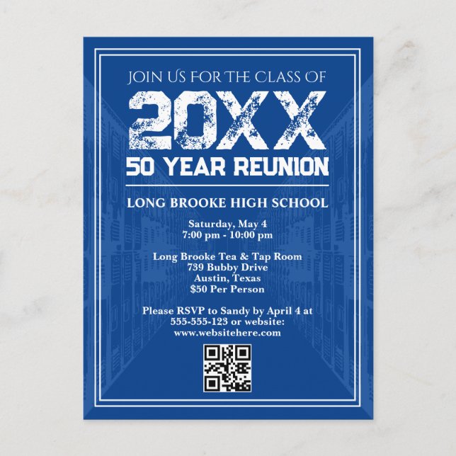 50 Year High School Reunion Retro Blue Varsity QR Vykort (Framsida)