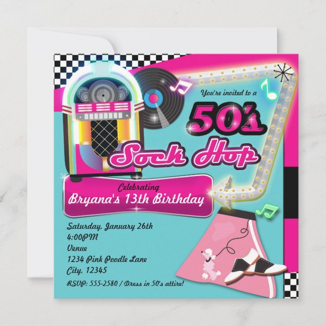 50's SOCK HOP Födelsedag Fest Retro Inbjudan (Framsida)