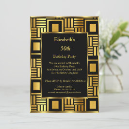 50t Art Deco Födelsedagsfest Guld Svarta inbjudan