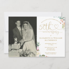 50th Anniversary Gold Heart Floral Monogram Photo Inbjudningar