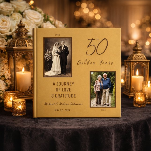 50th Anniversary Guest Book – Gold Gästböcker (Front cover of 12 x 12 anniversary guest book styled with candlelight.)
