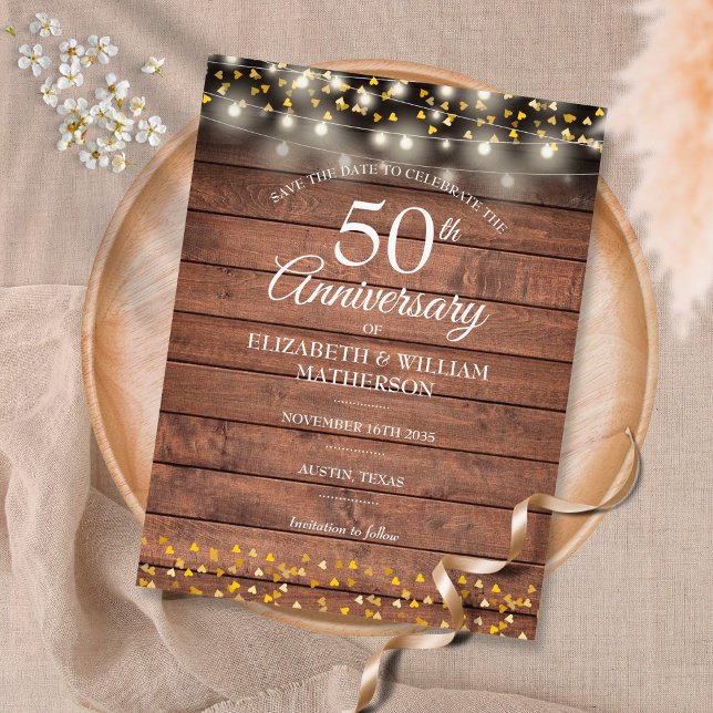 50th Anniversary Rustic Gold Hearts Save the Date Meddelande Vykort (Skapare uppladdad)