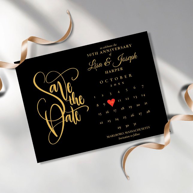 50th Anniversary Save the Date Calendar Gold Heart Vykort (Skapare uppladdad)