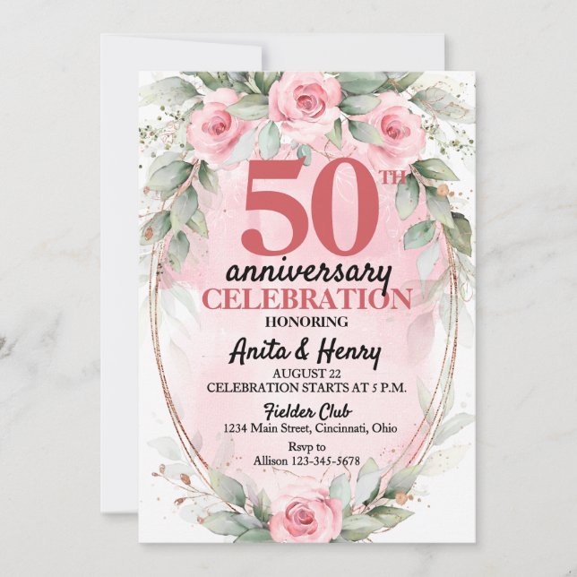 50th Anniversary Soft Pink & Sage Green Roses Inbjudningar (Framsida)
