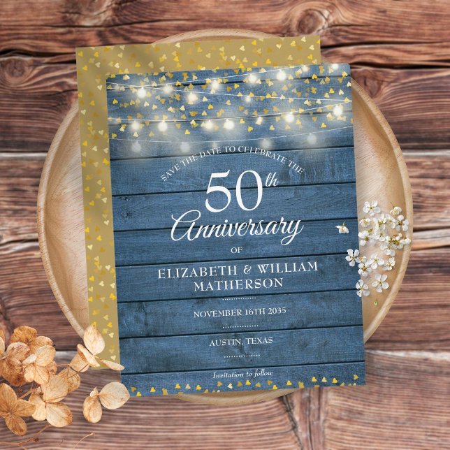 50th Anniversary Wood String Lights Save the Date Meddelande Vykort (Skapare uppladdad)