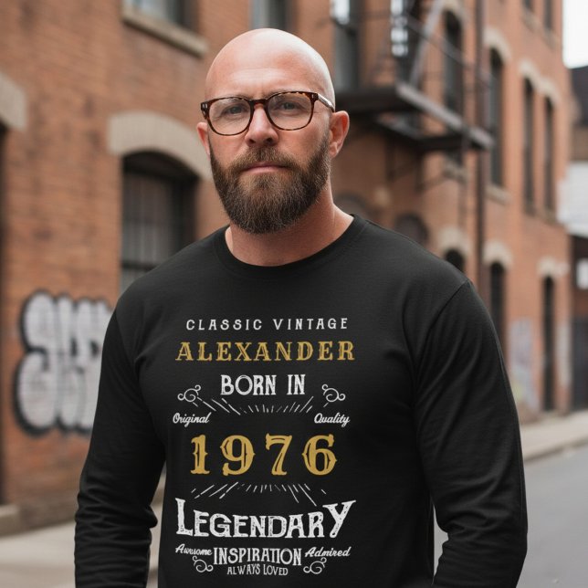 50th Birthday 1976 Add Name Black Gold Legendary T Shirt (Born 1976 birthday T-shirt. Background out of focus.)
