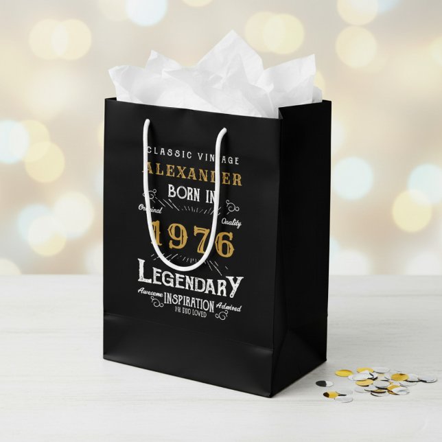 50th Birthday 1976 Add Name Legend Black Gold (Born 1976 birthday gift bag. Background out of focus.)