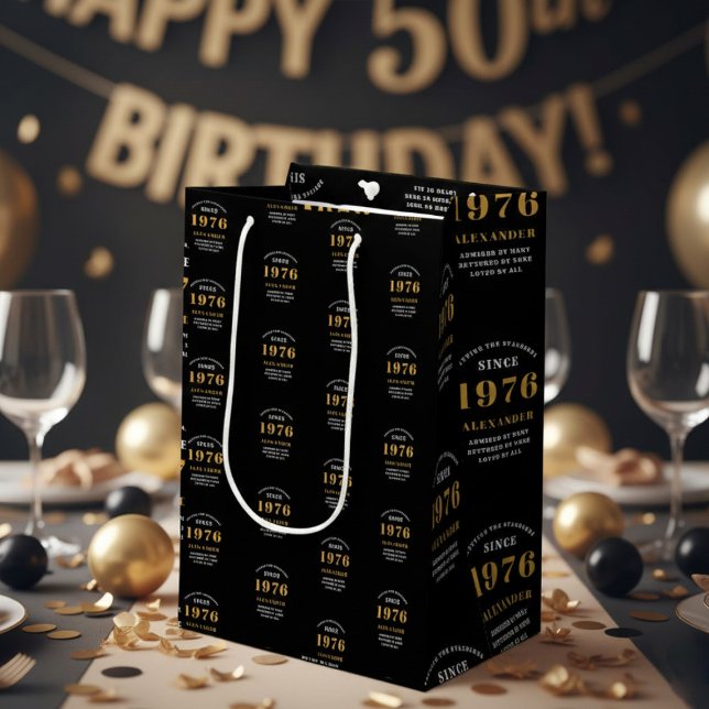 50th Birthday 1976 Black Gold Chic Elegant (Born 1976 birthday gift bag. Background out of focus.)