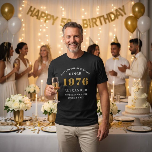 50th Birthday 1976 Black White Gold Elegant Name T Shirt (1976 birthday T-shirt. Party background.)