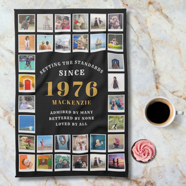 50th Birthday 1976 Family Memories Photo Collage Kökshandduk (1976 Kitchen towel. Marble background.)