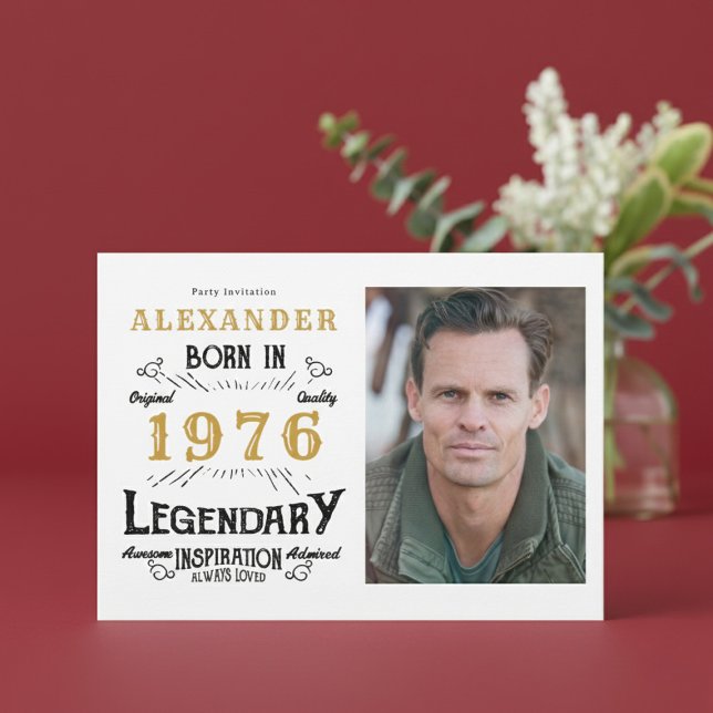 50th Birthday 1976 Legend White & Gold Photo Inbjudningar (Born 1976 birthday invitation.)