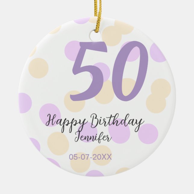 50th birthday add name date purple orange polkadot julgransprydnad keramik (Framsidan)
