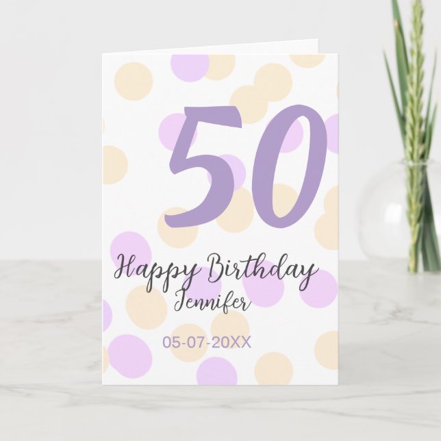 50th birthday add name date purple orange polkadot kort (Framsida)
