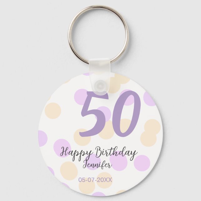50th birthday add name date purple orange polkadot nyckelring (Framsida)